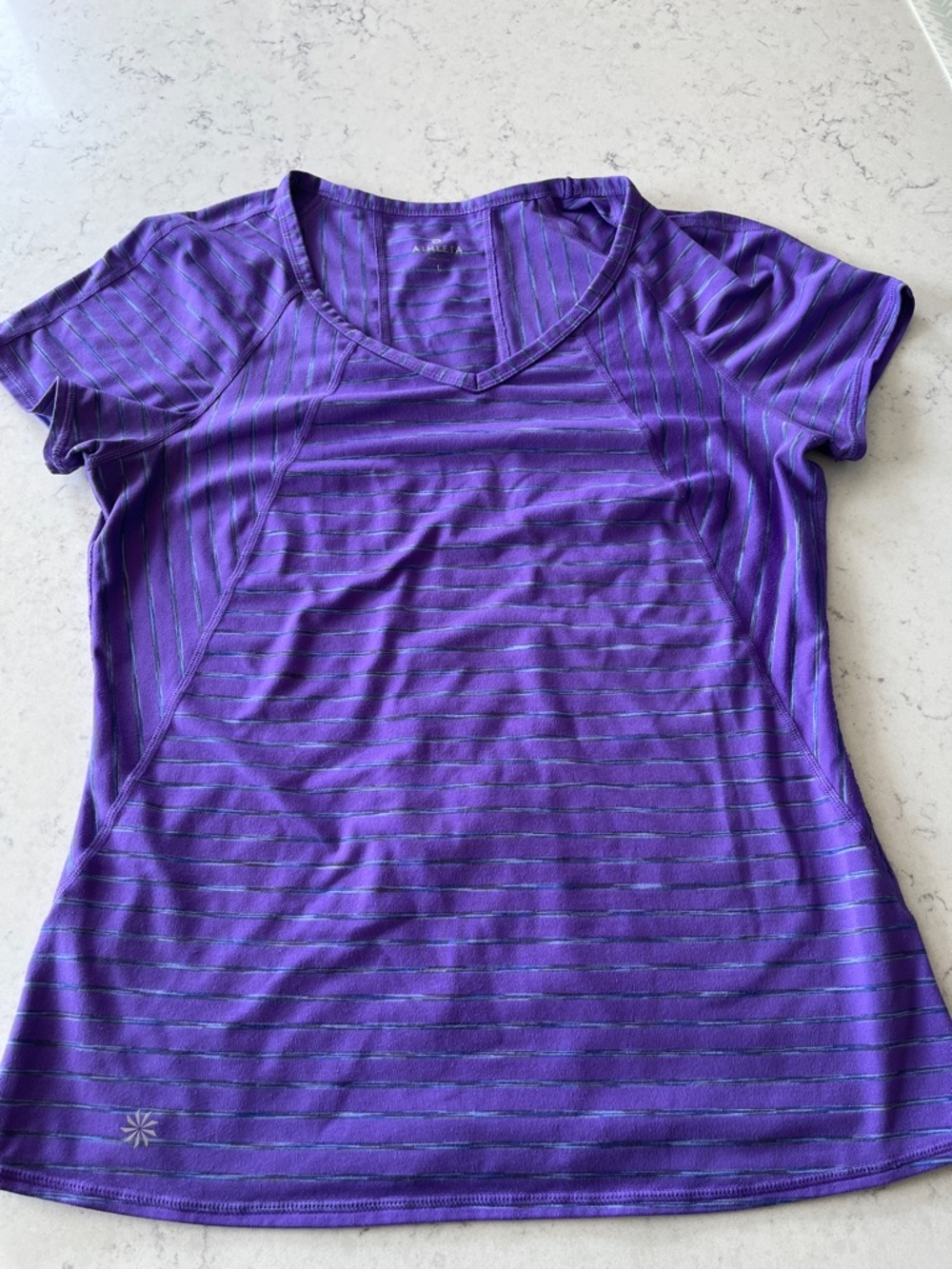 Athleta Purple Striped V-Neck Active Tee